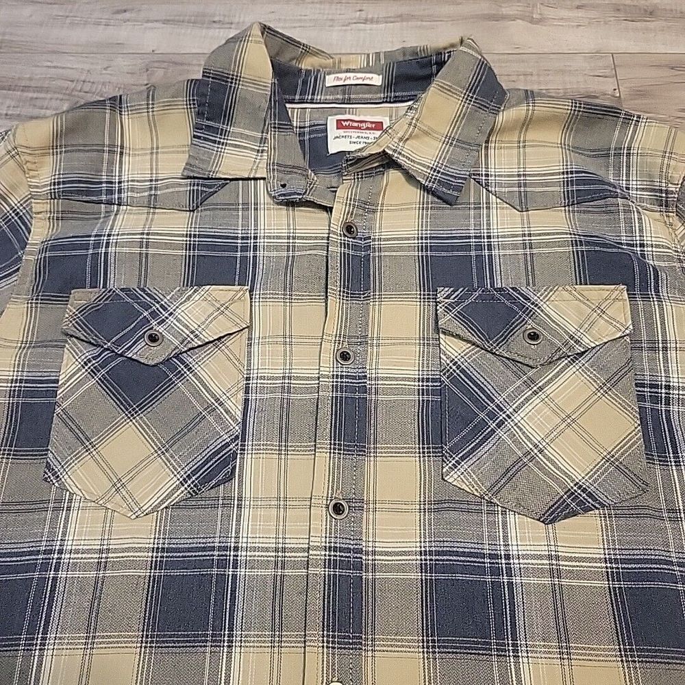 Wrangler Shirt Men XL Mens Tan Black Plaid Button Up Long Sleeve
